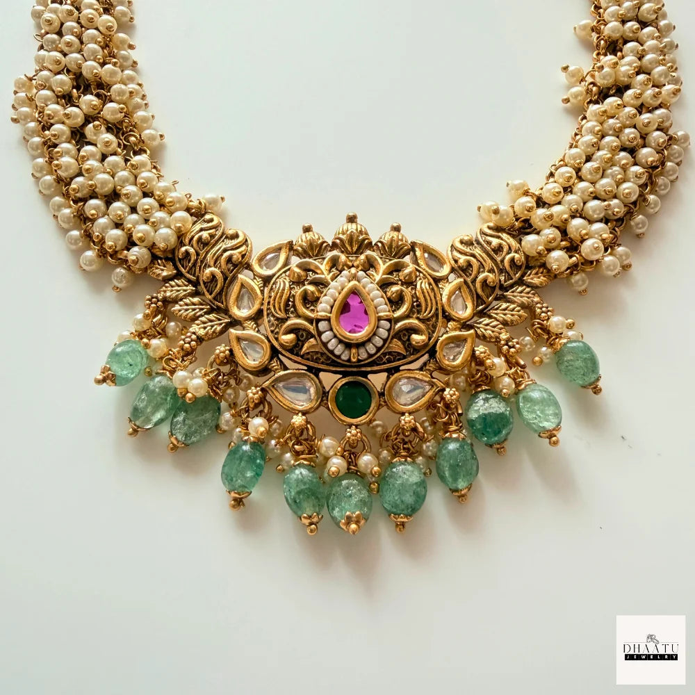 Antique Gold-Plated Guttapusalu Choker Set with Pearls and Kundan Accents
