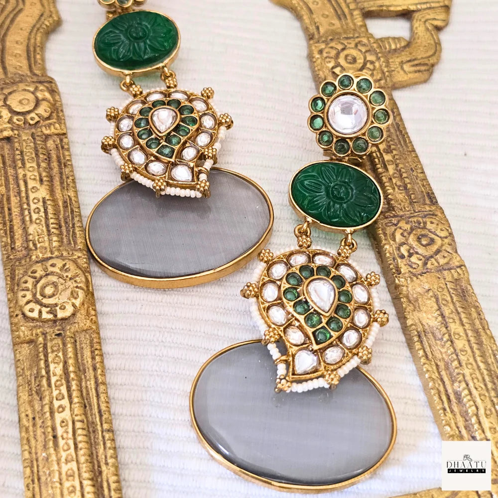 Kundan & Carved Green Stone Drop Earrings with Cat Eye Cabochon (Available in Grey & Yellow)