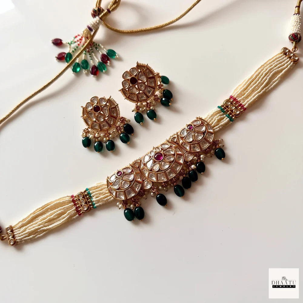 Royal Jadau Kundan Choker Necklace Set with Emerald Green Droplets and Pearl Strands