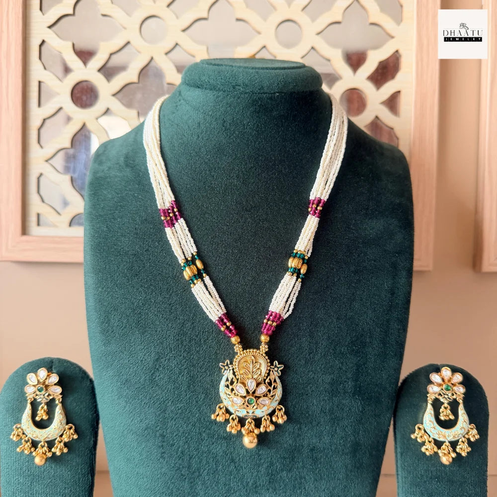 Antique Kundan & Meenakari Chandbali Pendant Necklace Set with Seed Pearl Layers