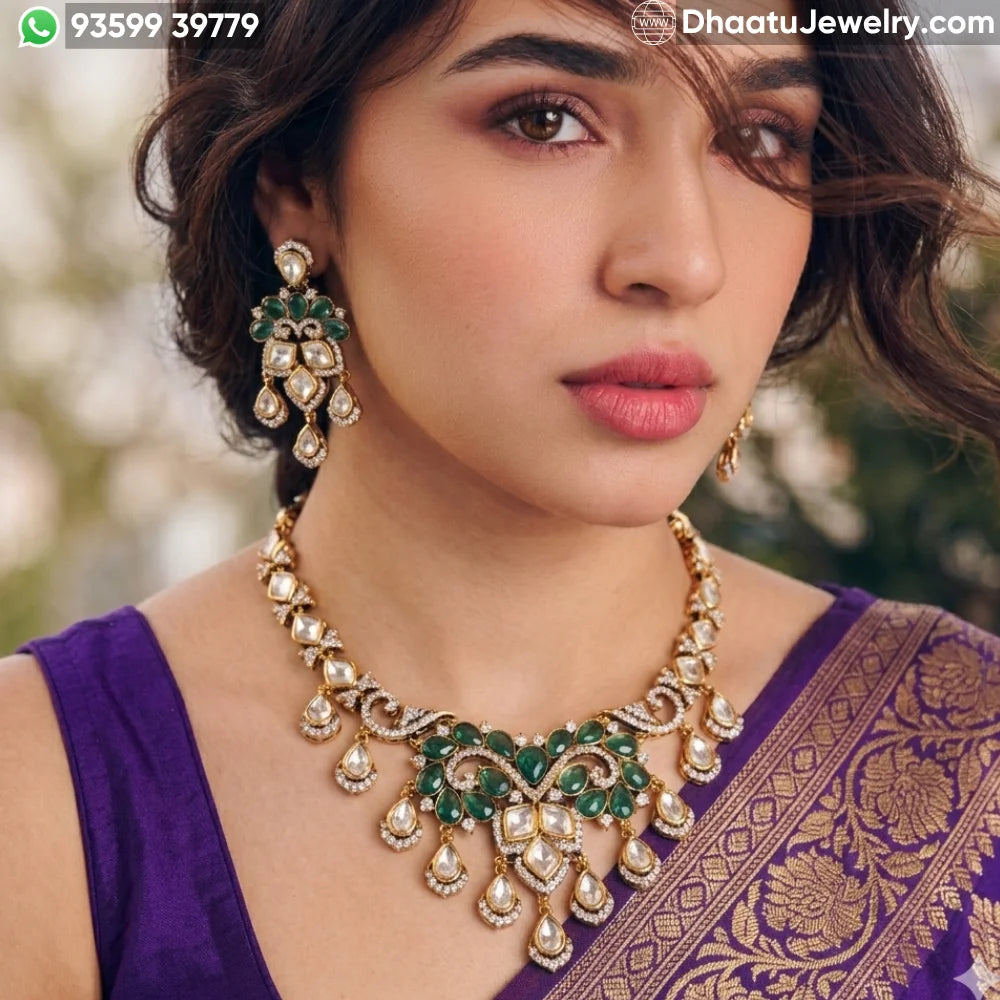 Emerald Green Moissanite & Real Polki Kundan Necklace Set with Drop Earrings in Gold-Plated Brass