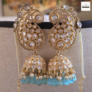 Regal Polki Kundan Jhumka Earrings with Sky Blue Drops and Kaan Chain