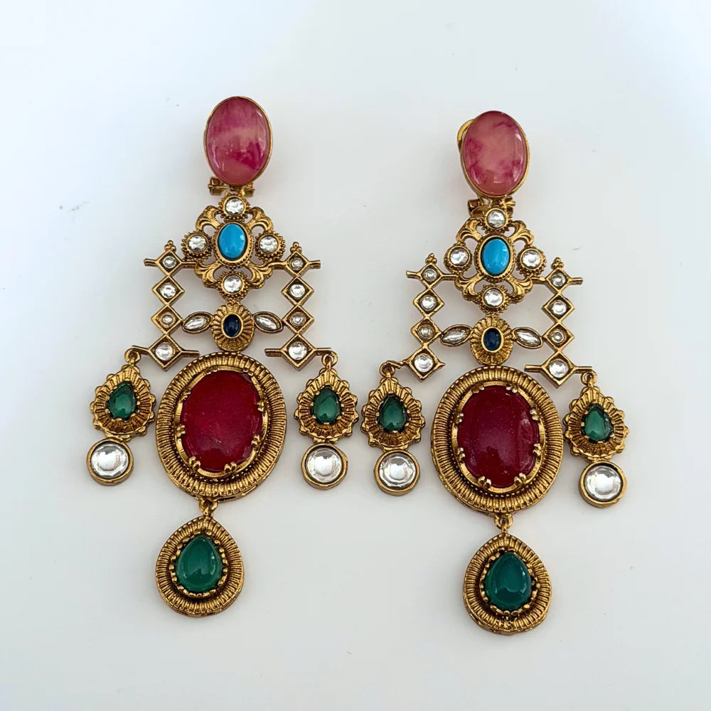 Statement Kundan Polki Chandelier Earrings with Multi-Color Stone Drops | Traditional Indian Jhumka Style