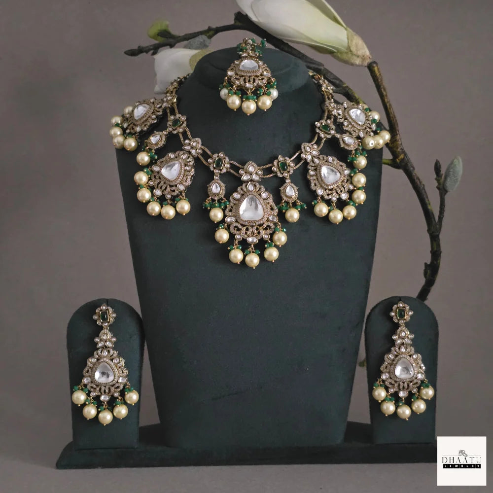 Royal Kundan & Pearl Necklace Set with Natural Gemstones and Maang Tikka
