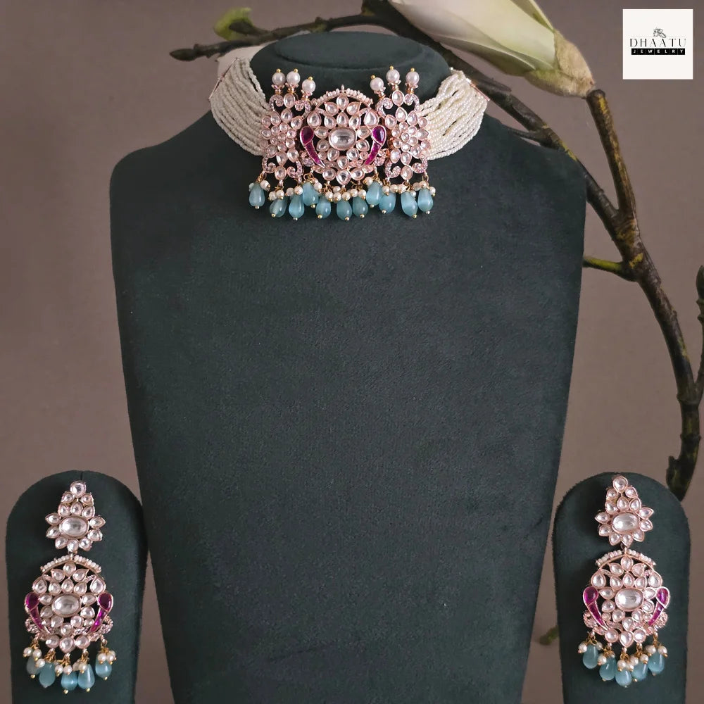 Kundan & Meenakari Pearl Choker Set with Natural Gemstones and Matching Earrings