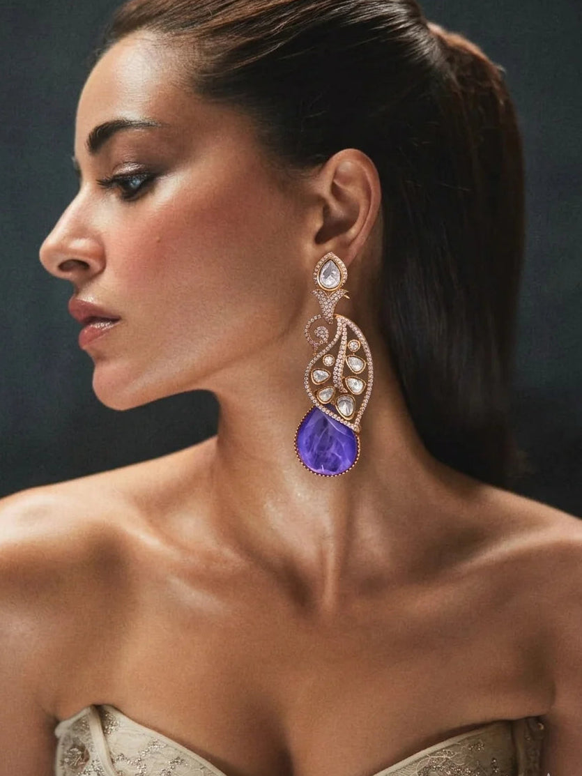 Handcrafted Paisley Kundan & Moissanite Drop Earrings with Semi-Precious Colored Doublets in Antique Mehendi Plating