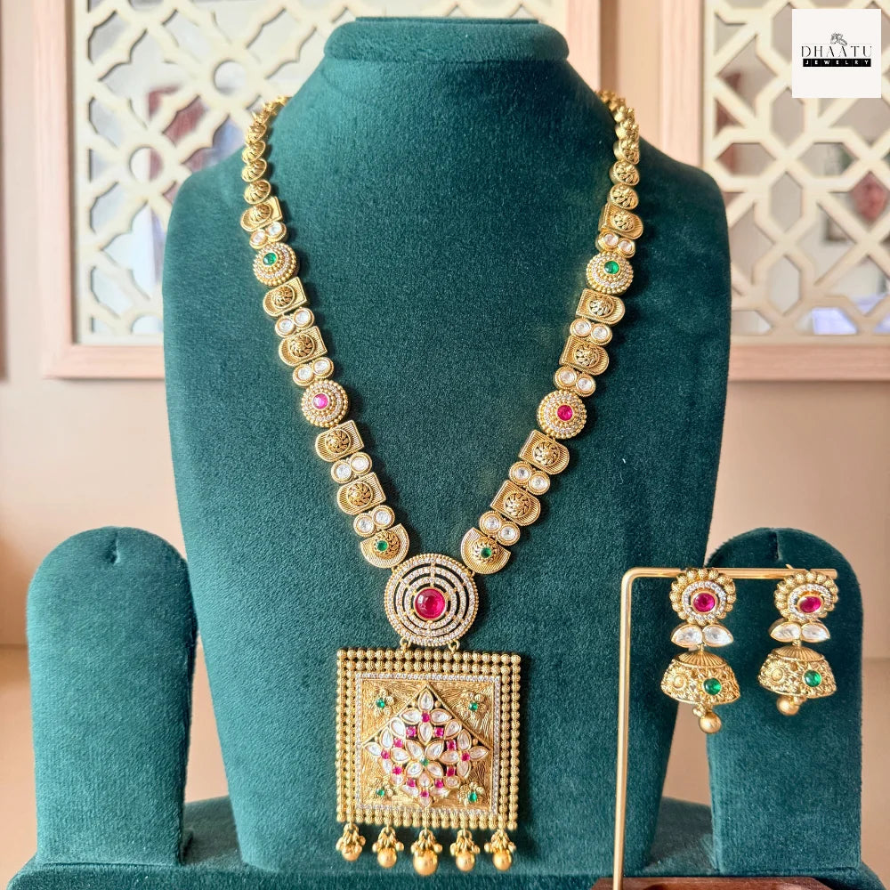 Antique Gold-Plated Kundan & Ruby Floral Square Pendant Temple Necklace Set with Jhumkas