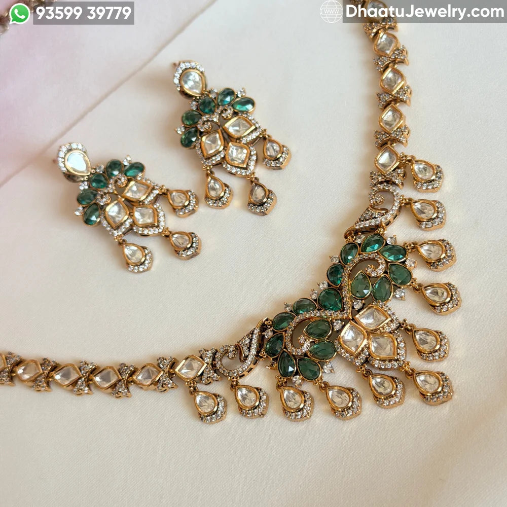 Emerald Green Moissanite & Real Polki Kundan Necklace Set with Drop Earrings in Gold-Plated Brass