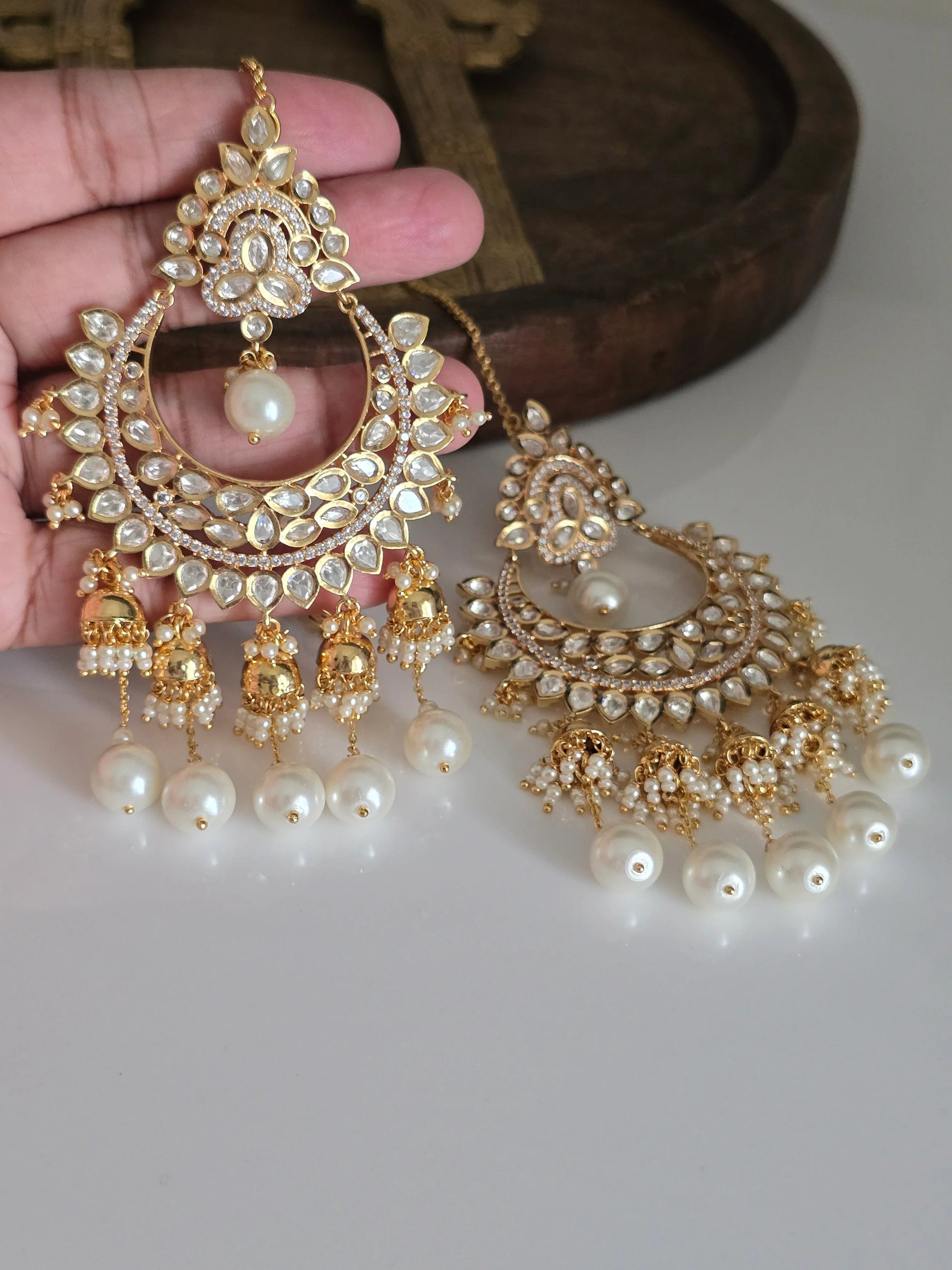 Kundan Pearl Chandbali Earrings with Jhumka Drops Ear Chains – Indian Bridal Festive Wear