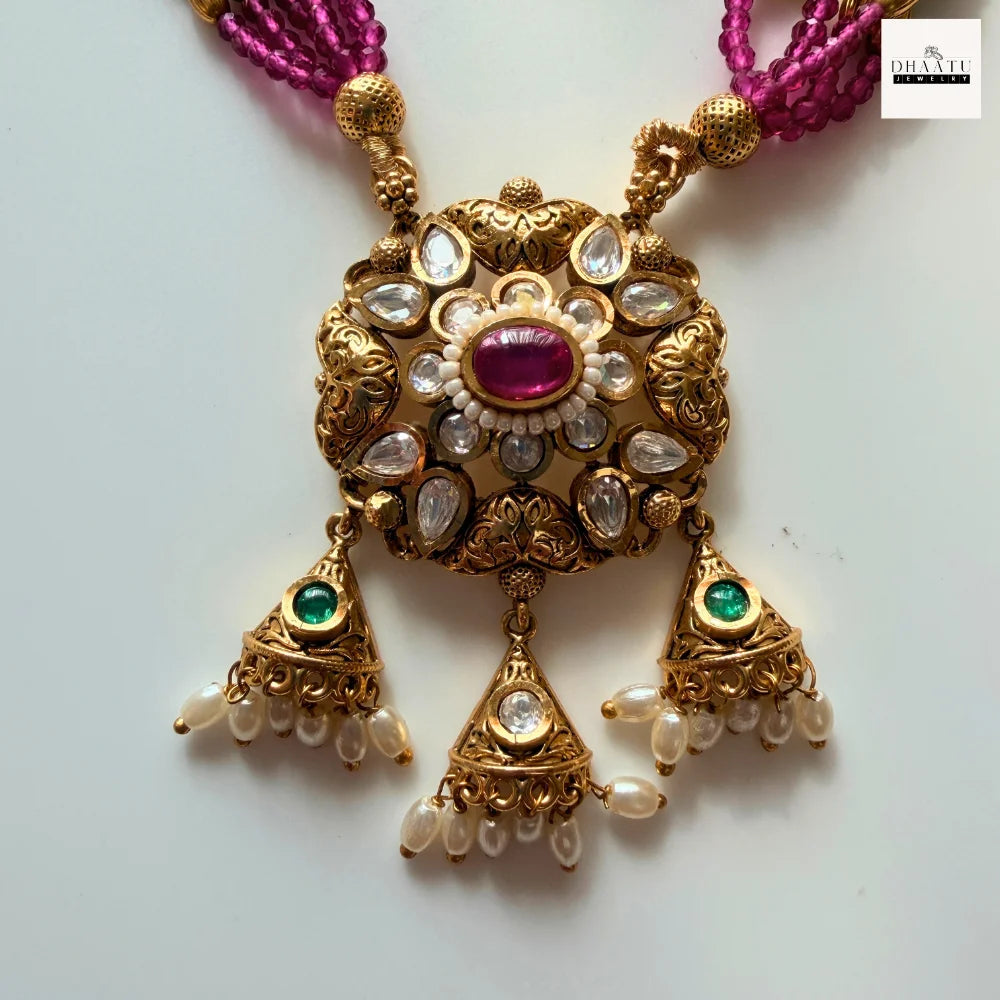Antique Gold-Plated Kundan & Ruby Bead Guttapusalu Necklace Set with Jhumka Earrings