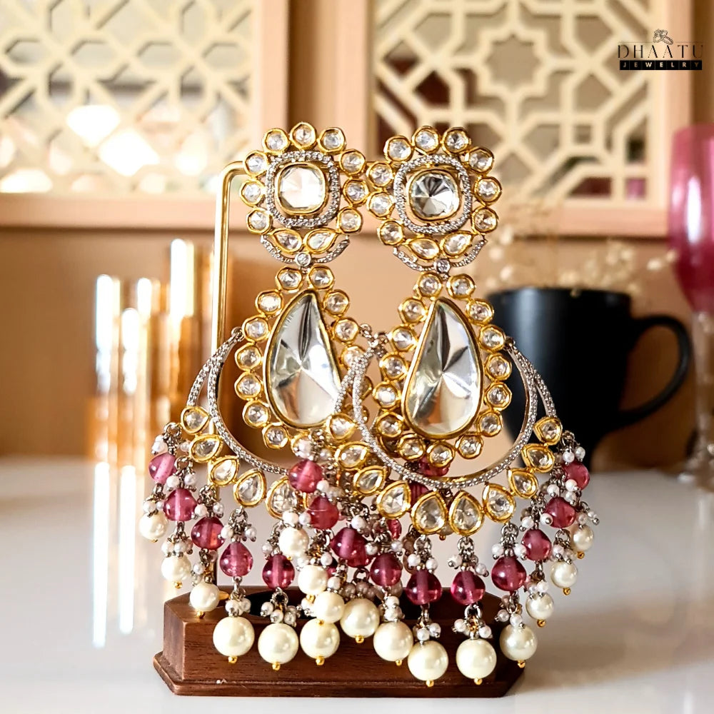 Exquisite Kundan Polki Chandbali Earrings with Pearl & Hydro Dangle Drops