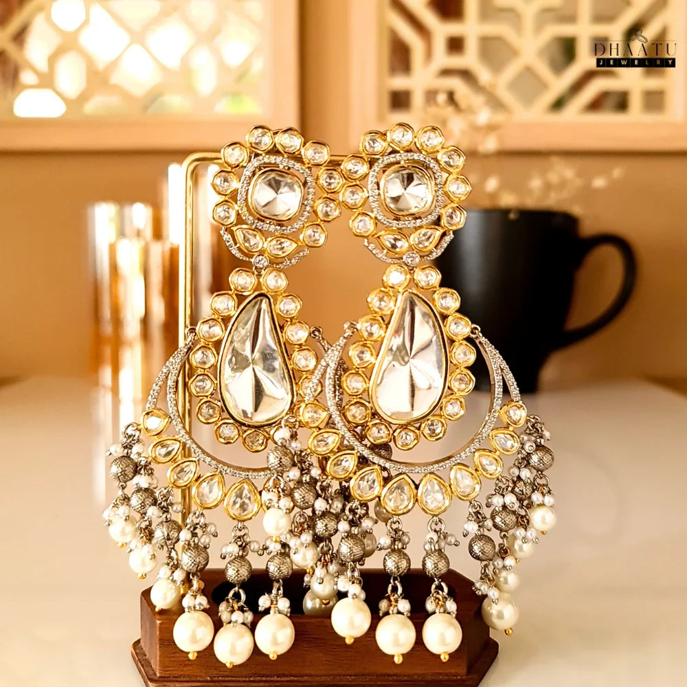 Exquisite Kundan Polki Chandbali Earrings with Pearl & Hydro Dangle Drops