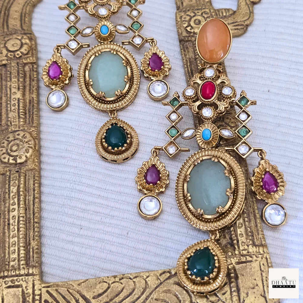 Statement Kundan Polki Chandelier Earrings with Multi-Color Stone Drops | Traditional Indian Jhumka Style