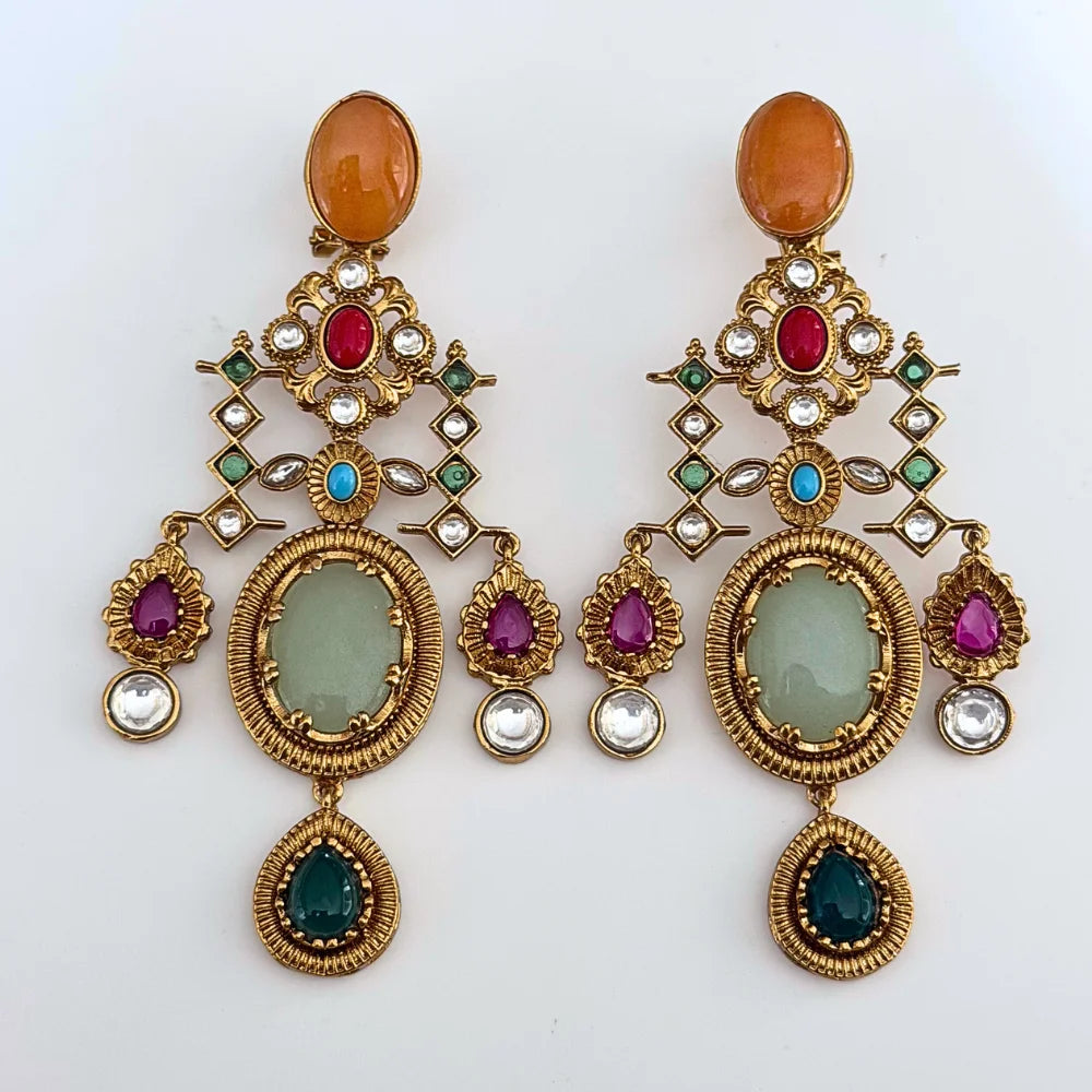Statement Kundan Polki Chandelier Earrings with Multi-Color Stone Drops | Traditional Indian Jhumka Style