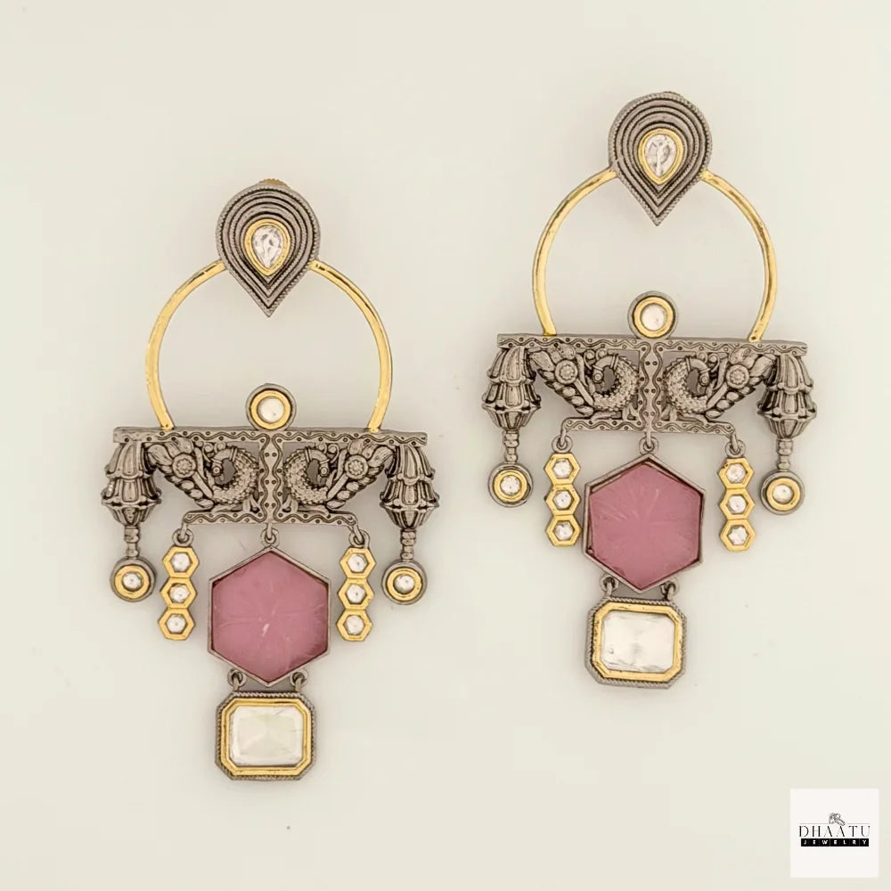 Kundan Polki & Carved Stone Oxidized Fusion Drop Earrings