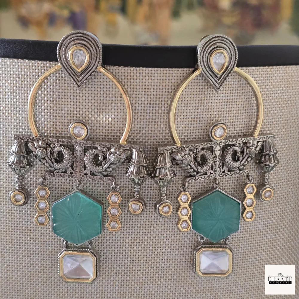 Kundan Polki & Carved Stone Oxidized Fusion Drop Earrings