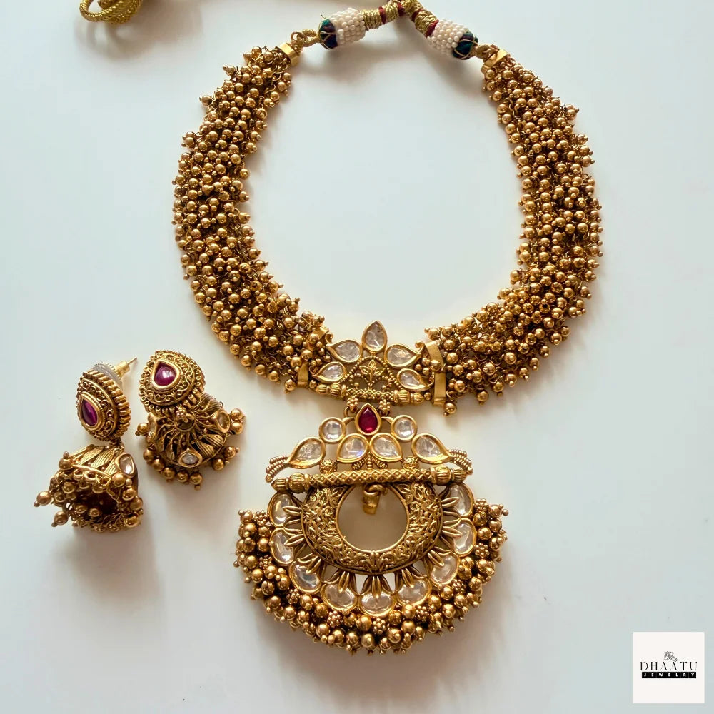 Antique Gold-Plated Guttapusalu Choker Set with Kundan & Ruby Accents
