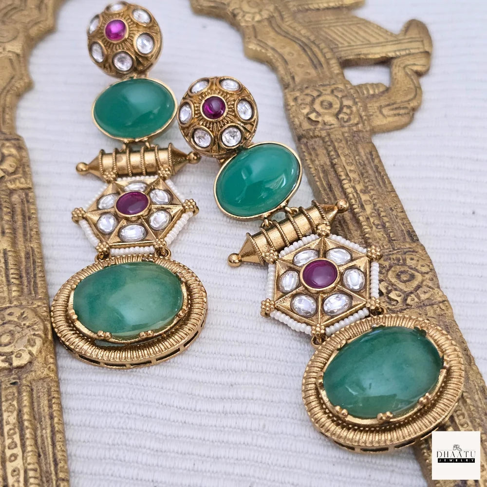Regal Antique Gold-Plated Kundan Drop Earrings with Green & Orange Cabochon Stones | Statement Ethnic Style
