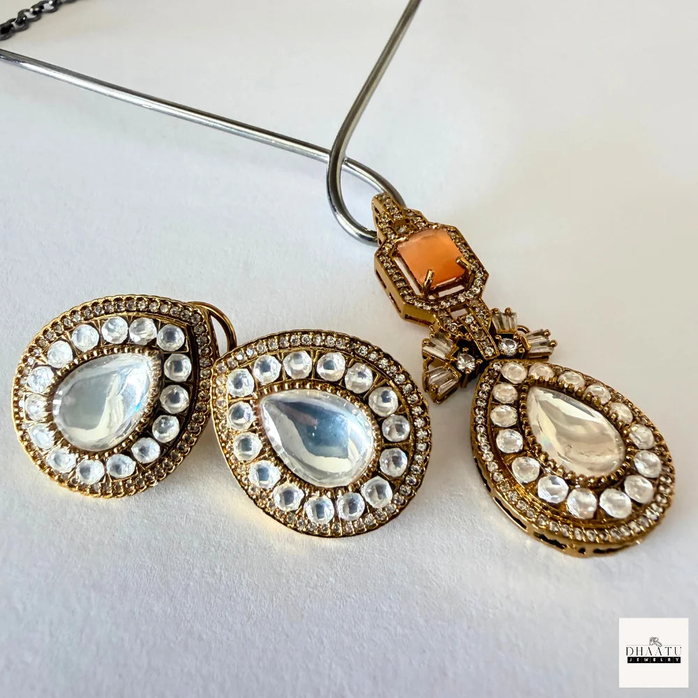Pear-Cut Gemstone Fusion Jewelry Set – Gold-Plated Teardrop Necklace & Studs with Baguette Halo