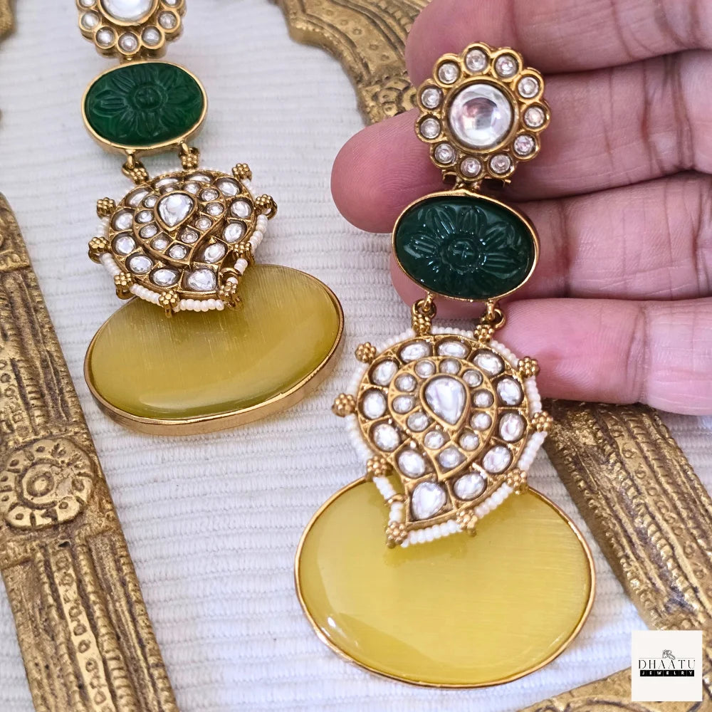 Kundan & Carved Green Stone Drop Earrings with Cat Eye Cabochon (Available in Grey & Yellow)