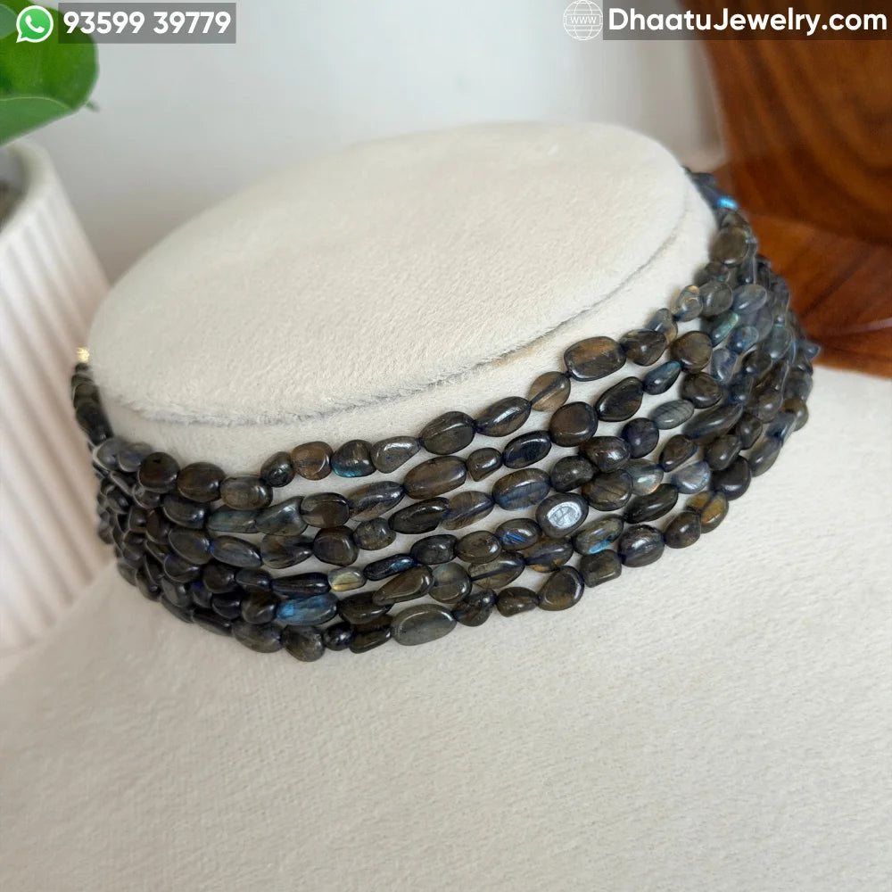 Natural Labradorite 6-Layer Multi-Strand Bead Choker Necklace | Iridescent Grey Statement Jewelry | 4.5cm x 23cm