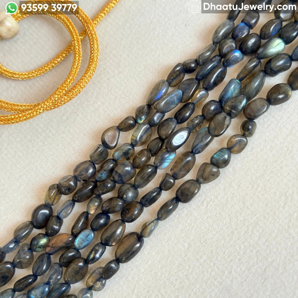 Natural Labradorite 6-Layer Multi-Strand Bead Choker Necklace | Iridescent Grey Statement Jewelry | 4.5cm x 23cm