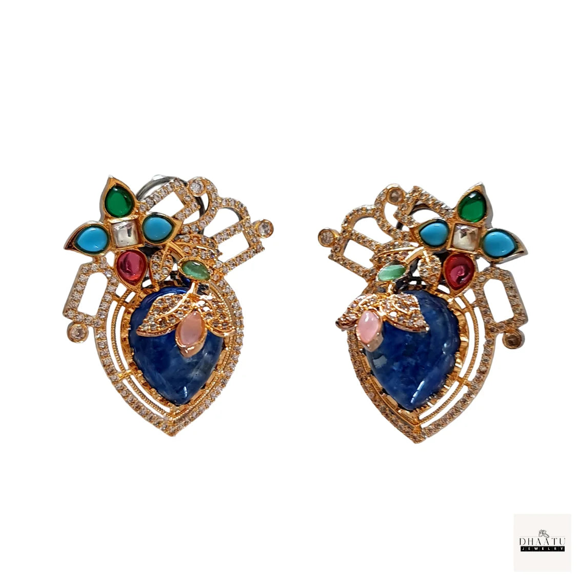Artisan-Crafted Heart-Shaped Artificial Stud Earrings with Multi-Color Stones