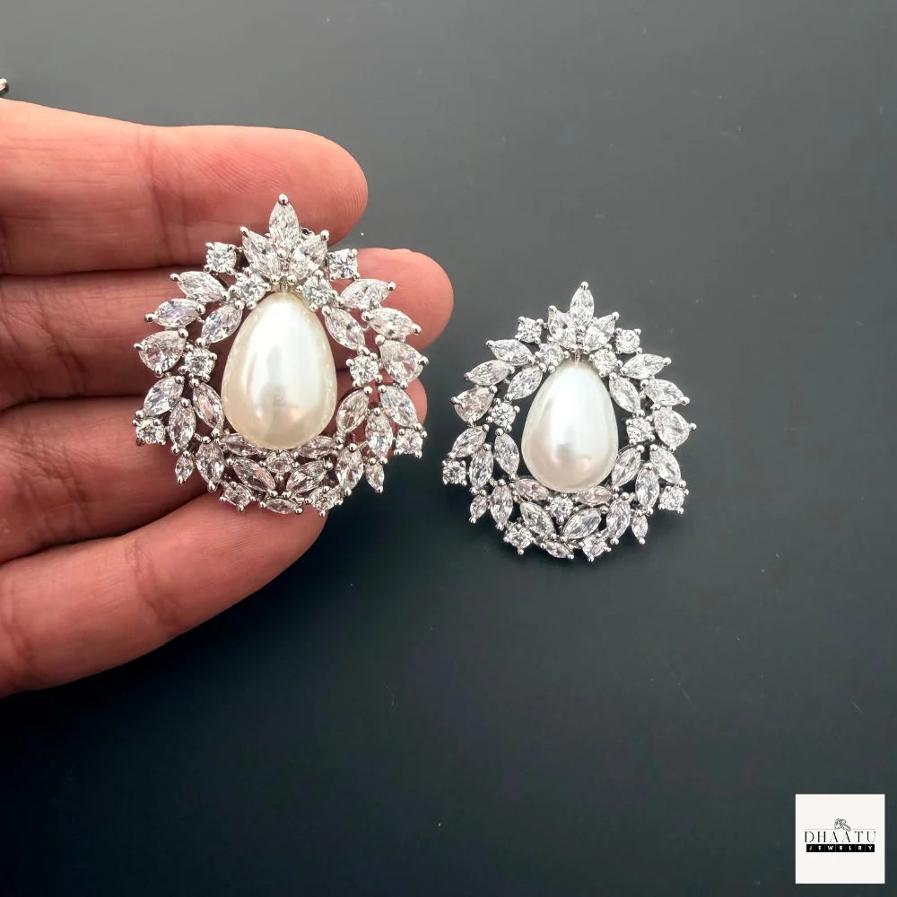 Lustrous Teardrop Pearl & American Diamond (AD) Halo Stud Earrings (Available in Gold & Silver)