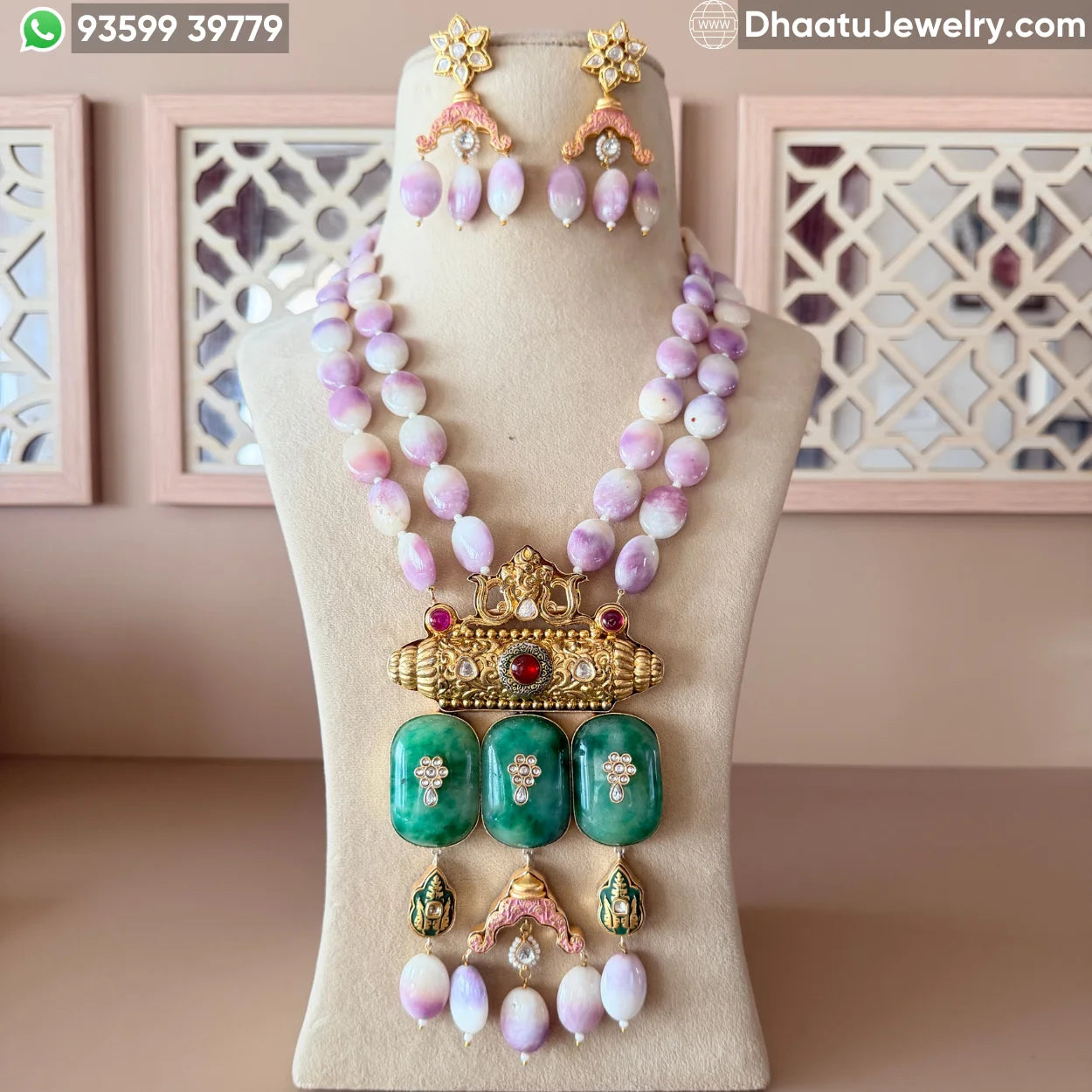 Handcrafted Jadau Fusion Necklace Set with Lavender Beads and Emerald Green Stones