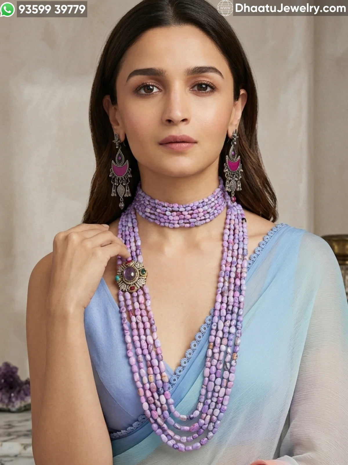 Lavender Phosphosiderite Natural Stone Jewelry Combo: 6-Layer Choker (23cm) & 5-Layer Matinee Necklace (60cm) with Side-Mounted Gemstone Pendant