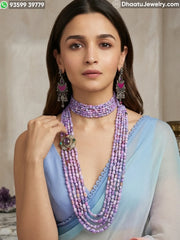 Lavender Phosphosiderite Natural Stone Jewelry Combo: 6-Layer Choker (23cm) & 5-Layer Matinee Necklace (60cm) with Side-Mounted Gemstone Pendant