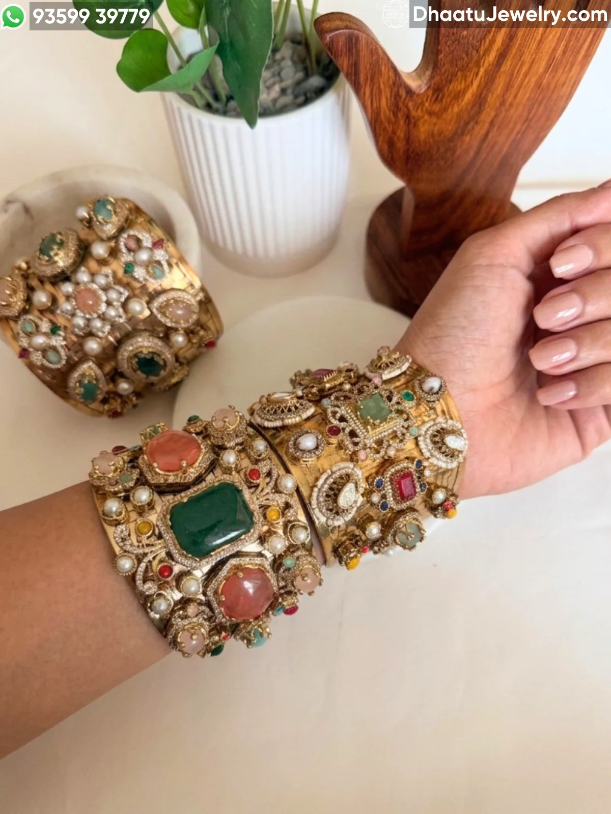 Sabyasachi-Inspired Navratna Multi-Stone Wide Cuff Bracelet | Gold-Plated Brass Statement Kada
