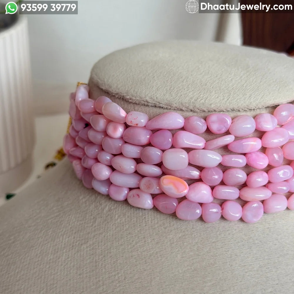 Natural Pink Opal 6-Layer Beaded Choker Necklace - 4.5cm Wide Adjustable Statement Jewelry