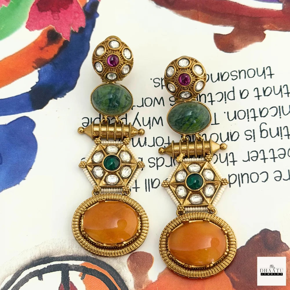 Regal Antique Gold-Plated Kundan Drop Earrings with Green & Orange Cabochon Stones | Statement Ethnic Style
