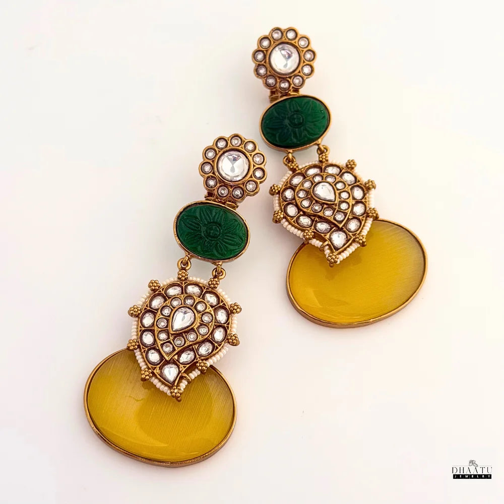 Kundan & Carved Green Stone Drop Earrings with Cat Eye Cabochon (Available in Grey & Yellow)