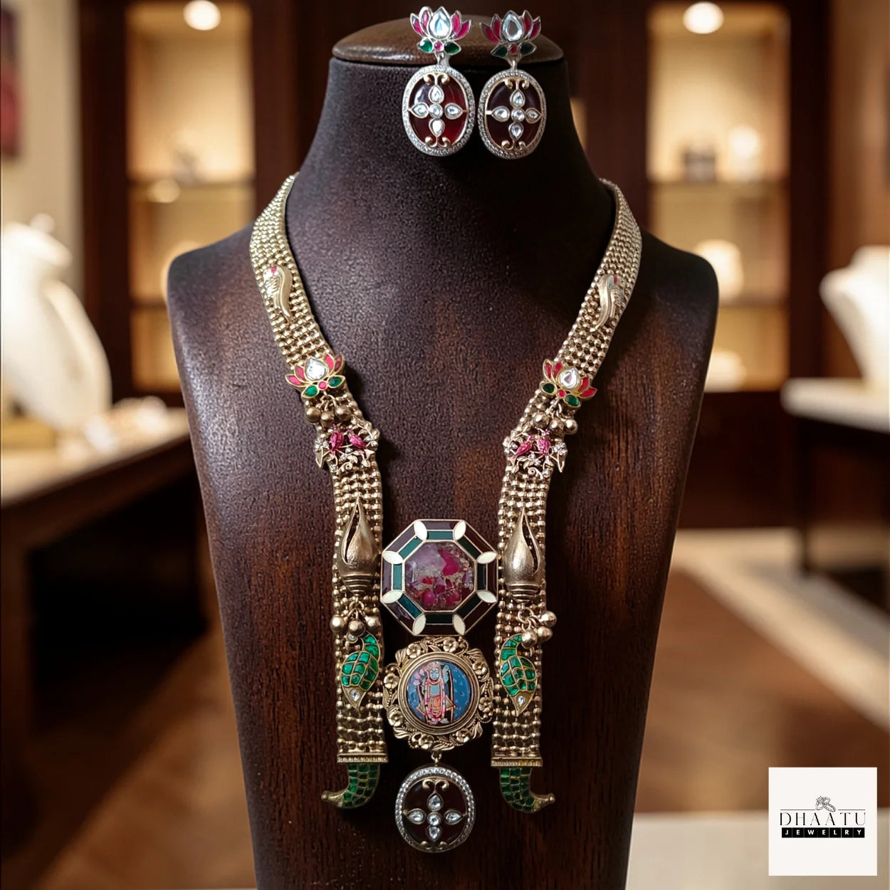 Handcrafted Shrinathji Temple Jewelry Set – Oxidized Gold Long Haar Necklace with Meenakari Work and Matching Earrings