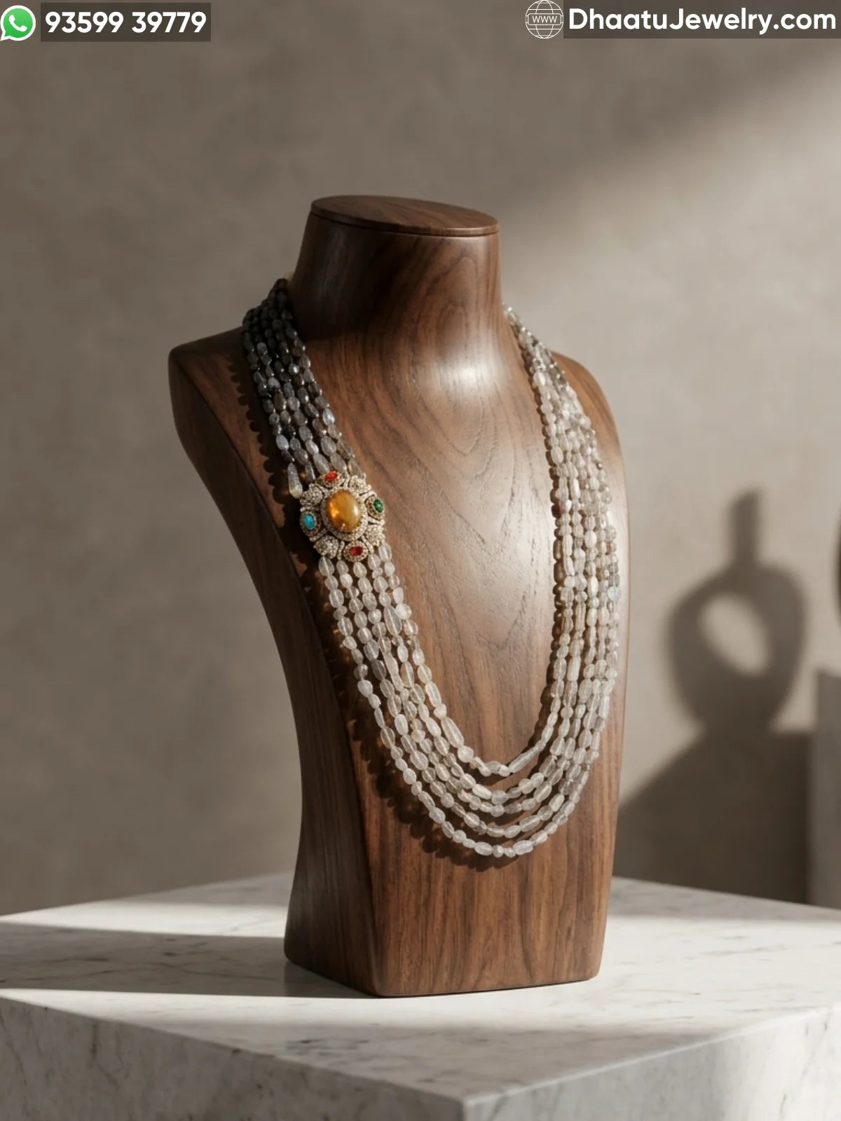 Grey Moonstone Natural Stone Beads Jewelry Set: 6-Layer Choker (23cm) & 5-Layer Matinee Long Necklace (60cm) with Side-Mounted Antique Pendant