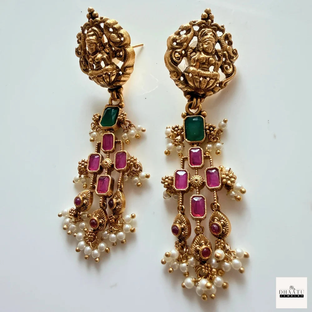 Antique Gold-Plated Guttapusalu-style Goddess Lakshmi Temple Jewelry Set with Kemp Stones and Pearl Clusters