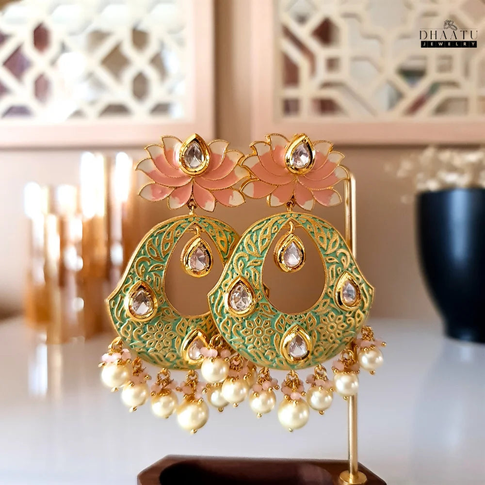 Pristine Gold Plated Lotus Meenakari Earrings with Kundan and Pearls