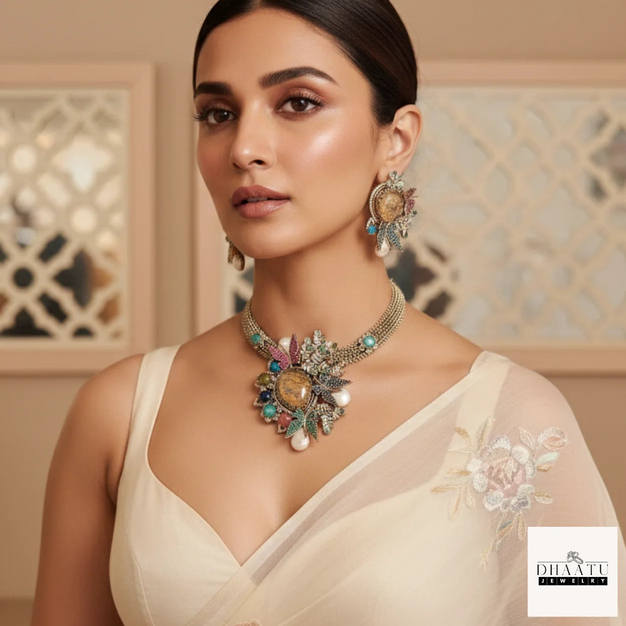 Rivaayat Butterfly & Leaf Motif Victorian Fusion Choker Set with Baroque Pearls