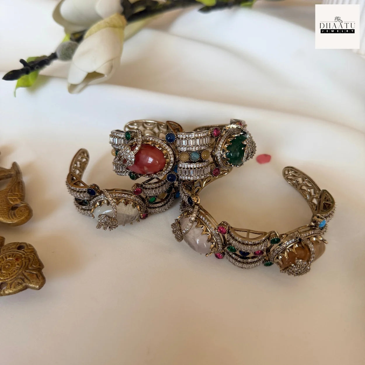 Rivaayat Antique Victorian Brass Cuff Bracelet with Multi-Color Doublet Stones