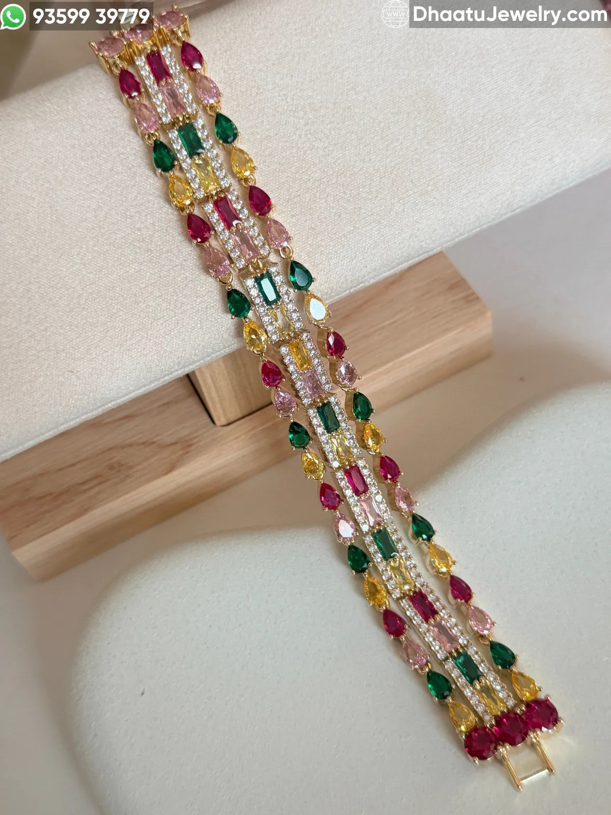 Multicolor Navette & Baguette CZ Triple-Row Bracelet in 18K Gold Plating – 18cm to 21cm Adjustable Length