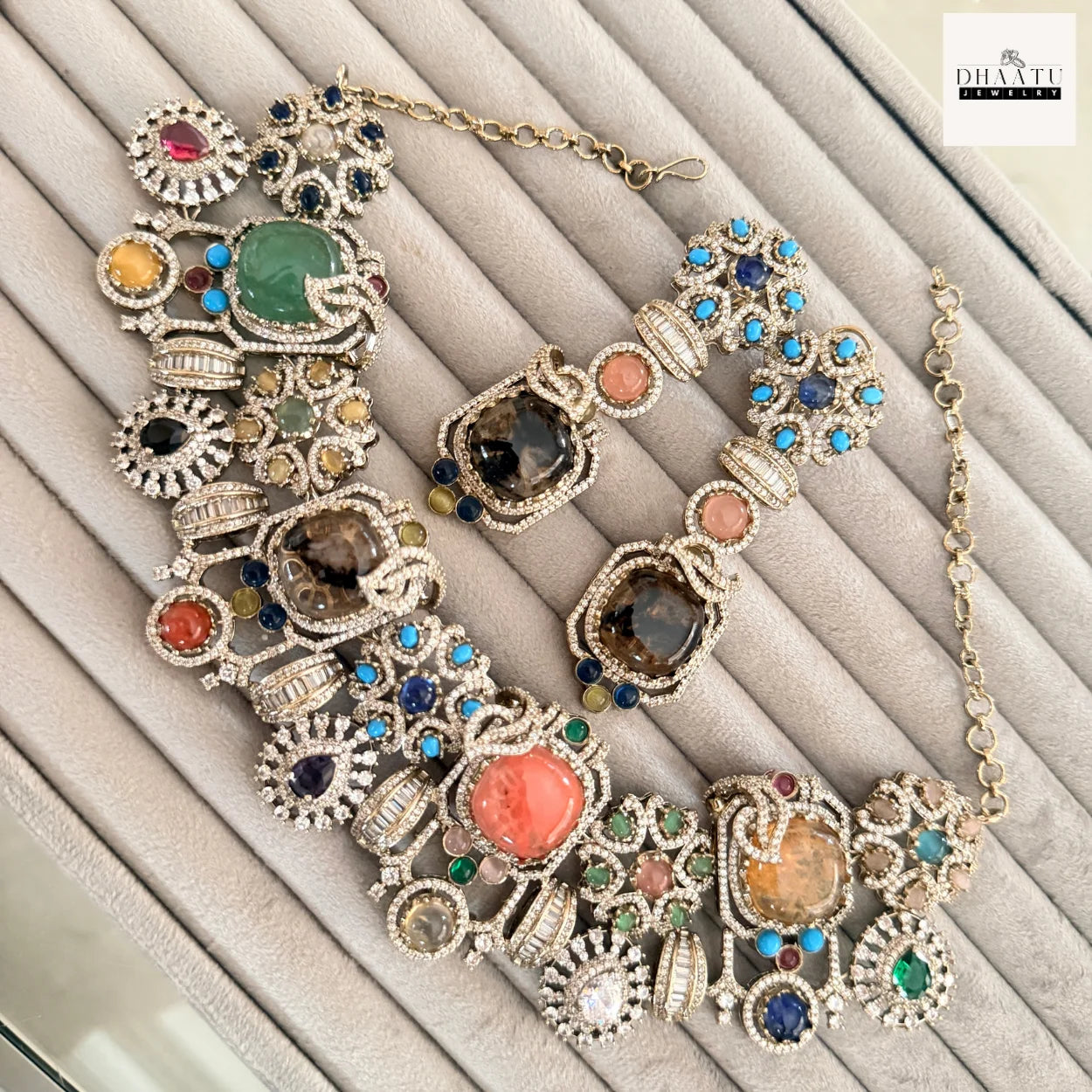 Rivaayat Collection - Victorian Antique Choker Set with Multi-Color Doublet Stones & Matching Earrings