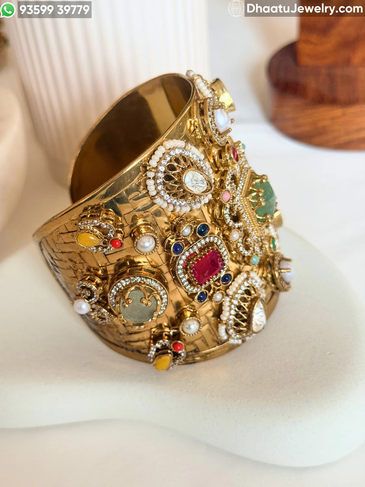 Sabyasachi-Inspired Navratna Multi-Stone Wide Cuff Bracelet | Gold-Plated Brass Statement Kada