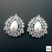 Lustrous Teardrop Pearl & American Diamond (AD) Halo Stud Earrings (Available in Gold & Silver)