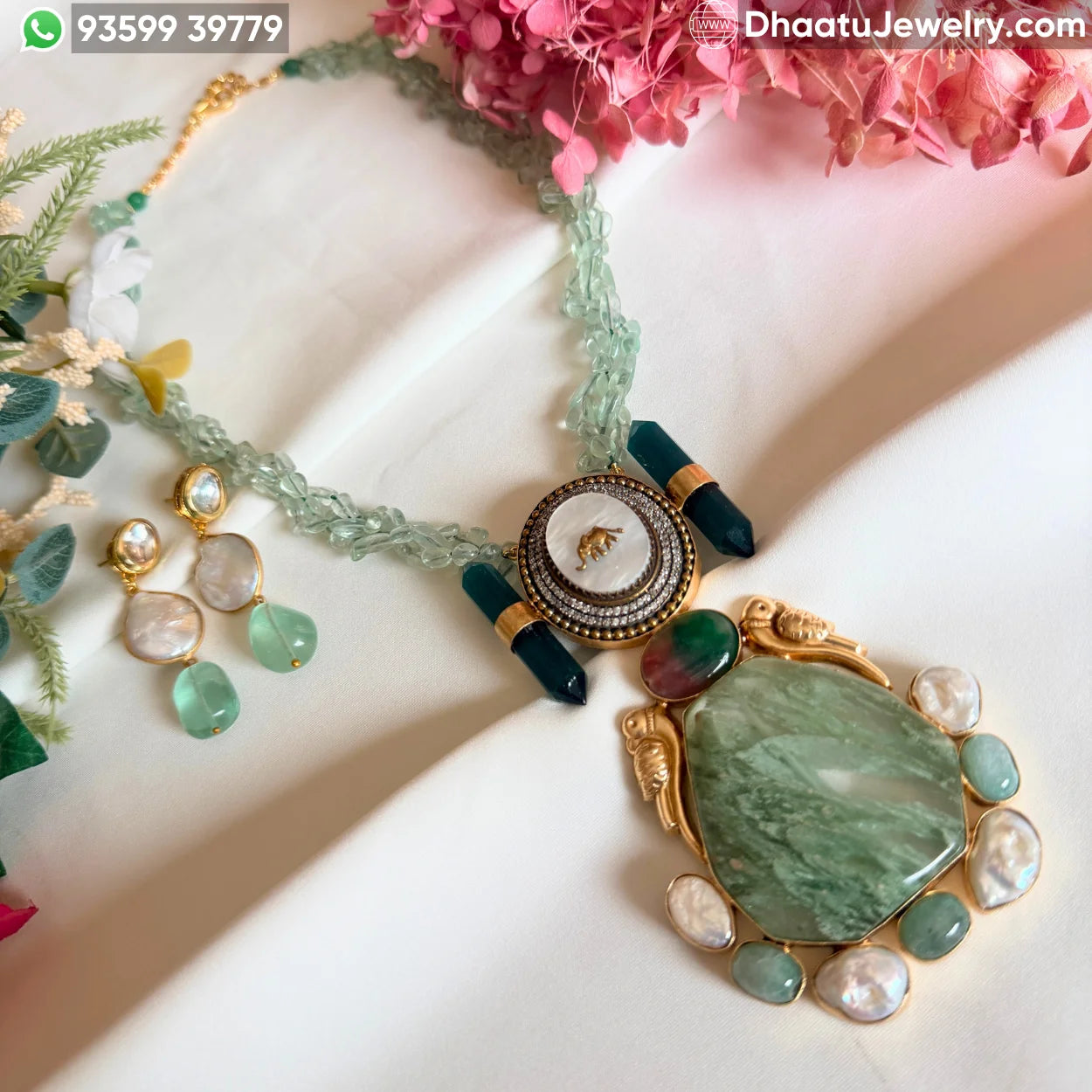 Handcrafted Fusion Statement Necklace Set with Elephant Motif, Emerald-Green Stones, and Baroque Pearls