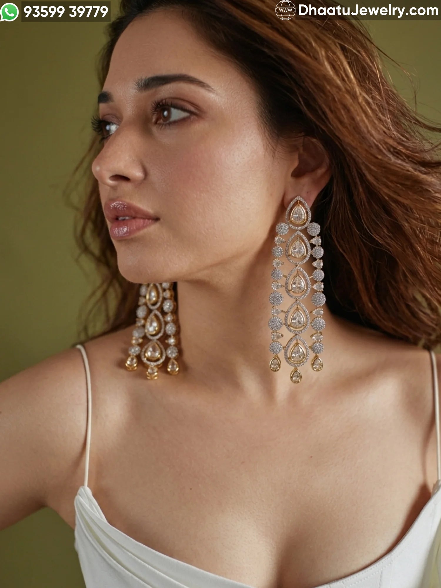 Handcrafted Pear-Cut Moissanite Polki & Kundan Long Chandelier Earrings in Antique Mehendi Plating