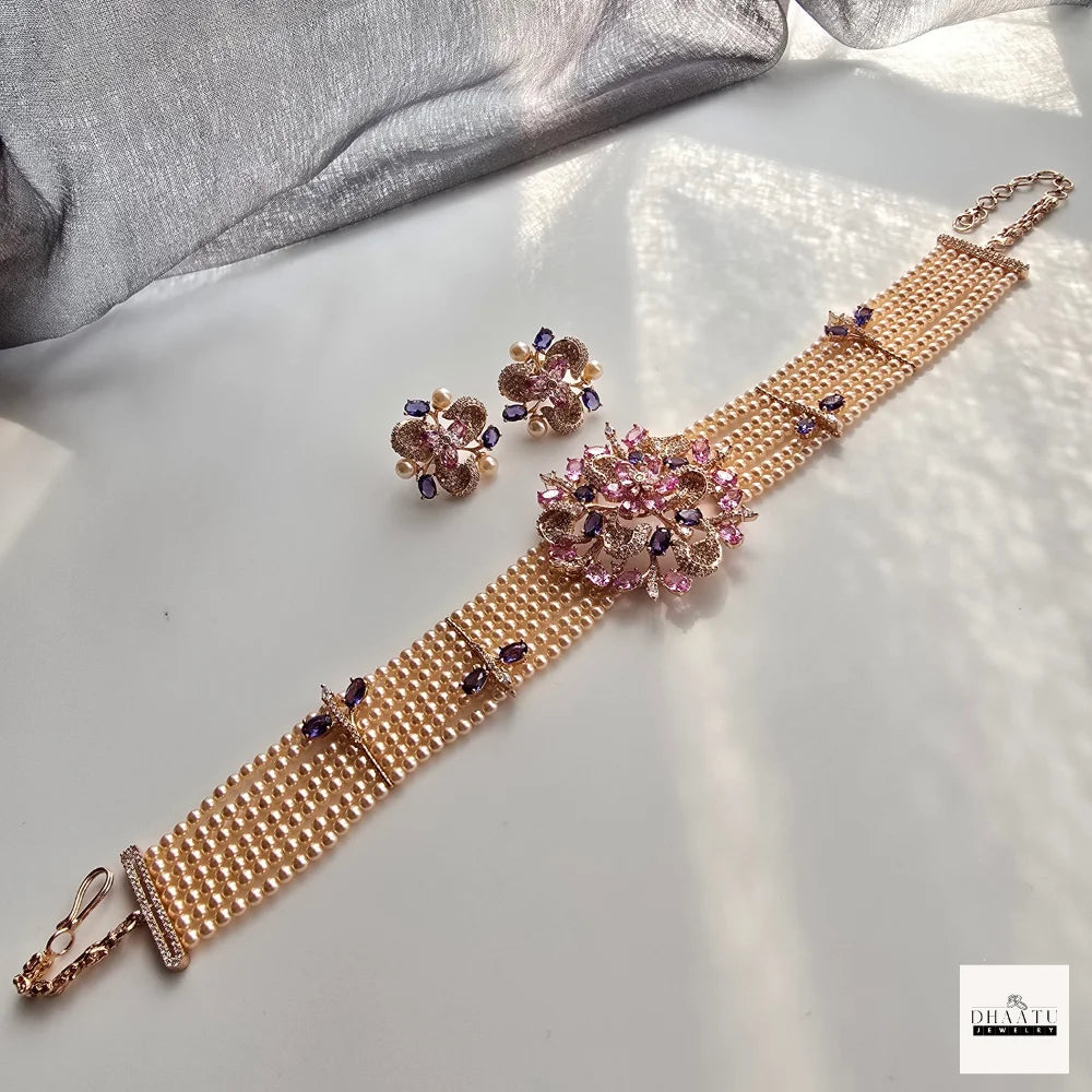 Rose Gold Floral Pearl Choker Set with Pink & Violet CZ Stones