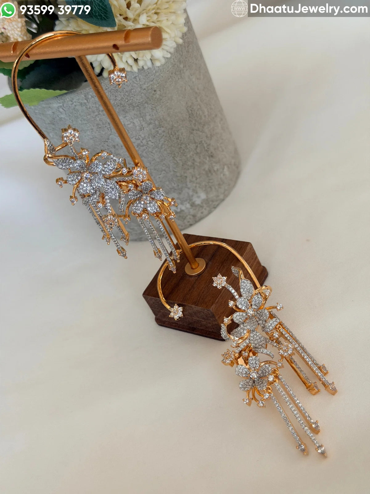 Gold Plated Floral Ear Cuff Earrings - Premium Zircon Studded Flower and Leaf Crawler with Hanging Stone Tassels