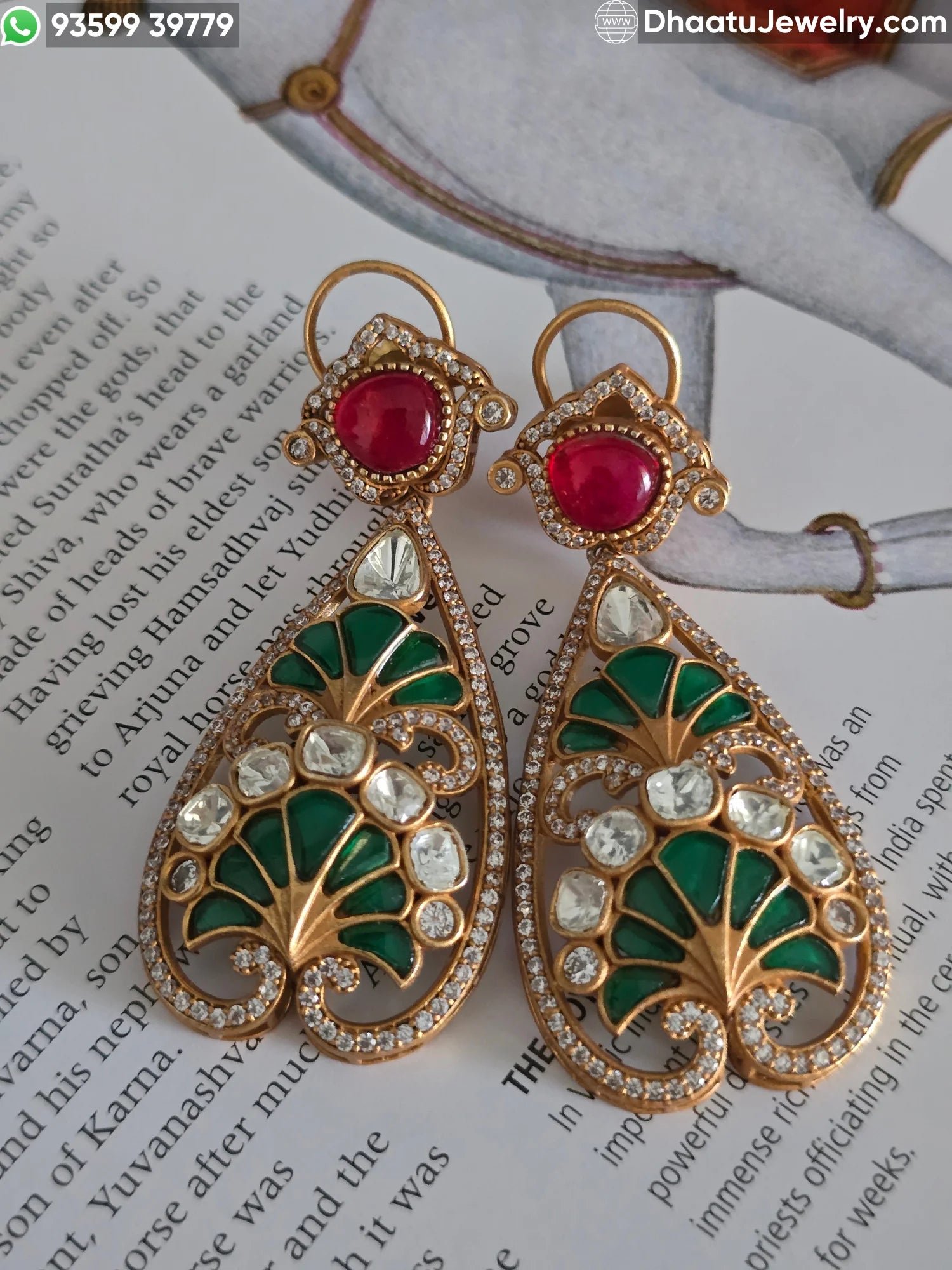 Antique Mehendi Plated Moissanite, Kundan & Ruby-Emerald Doublet Teardrop Earrings